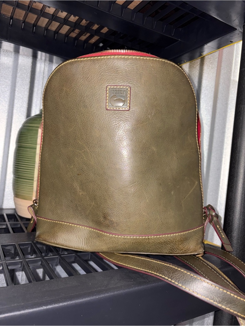 Dooney & Bourke Olive Leather Backpack with Red Trim